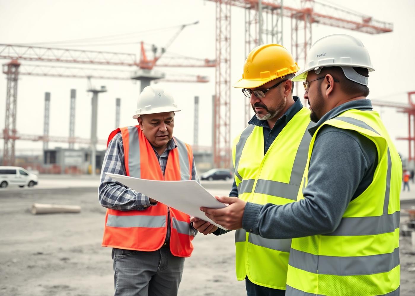 Site engineers reviewing drawings at a construction site